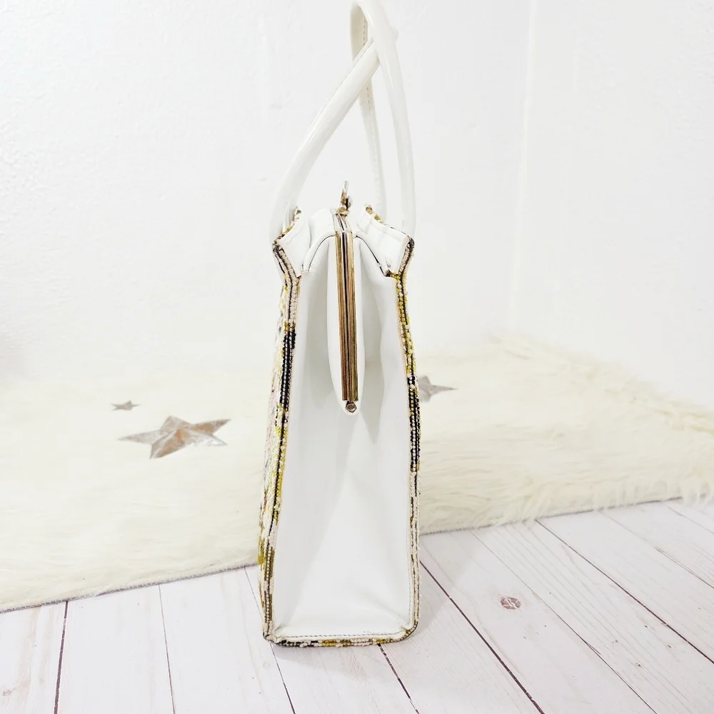 Vintage Tapestry Satchel Bag Rainbow Geometric Boho White Leather Kisslock Frame